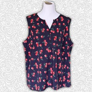 Talbots Woman Floral Sleeveless Top - Black with Red Roses or Raspberries Sz 3X